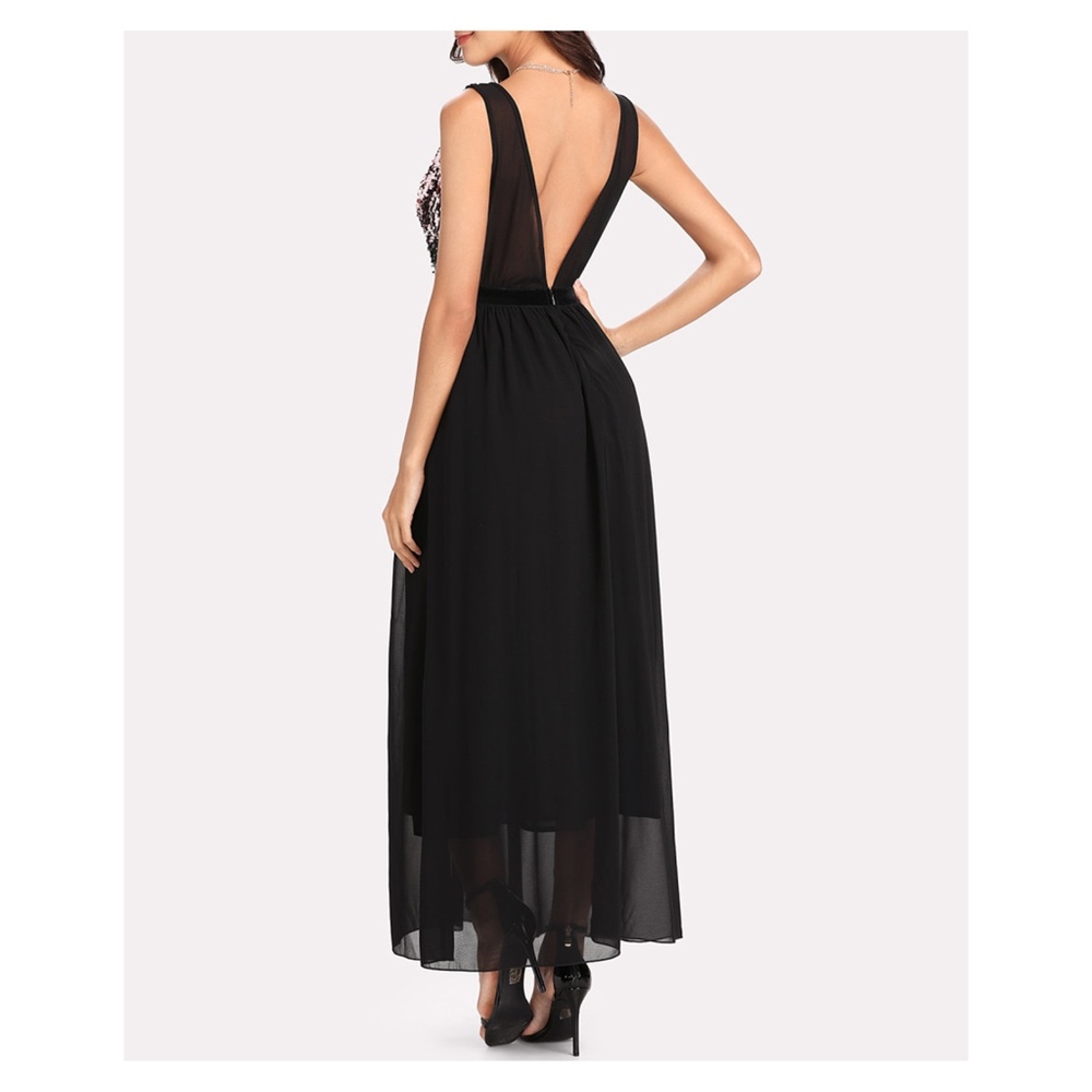 Black Deep V Sleeveless Sequin Contrast Maxi Dress - Picture 2 of 5